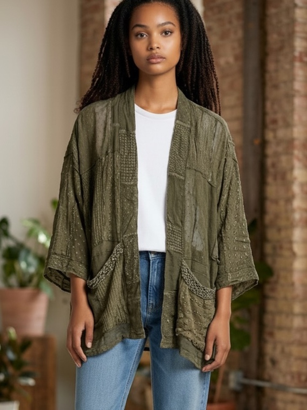 Olive Green Women's Lightweight Patchwork Kimono Jacket